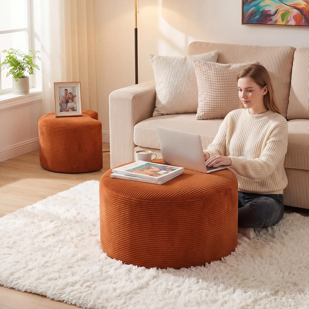 BSHOMGI Nesting Coffee Table Set of 2,Corduroy Ottoman Soft Foot Rest Movable LargePouf Footstool for Living Room Sofa Couch Bedroom Entryway and Small Spaces No Assembly (Blue, 32"+17")
