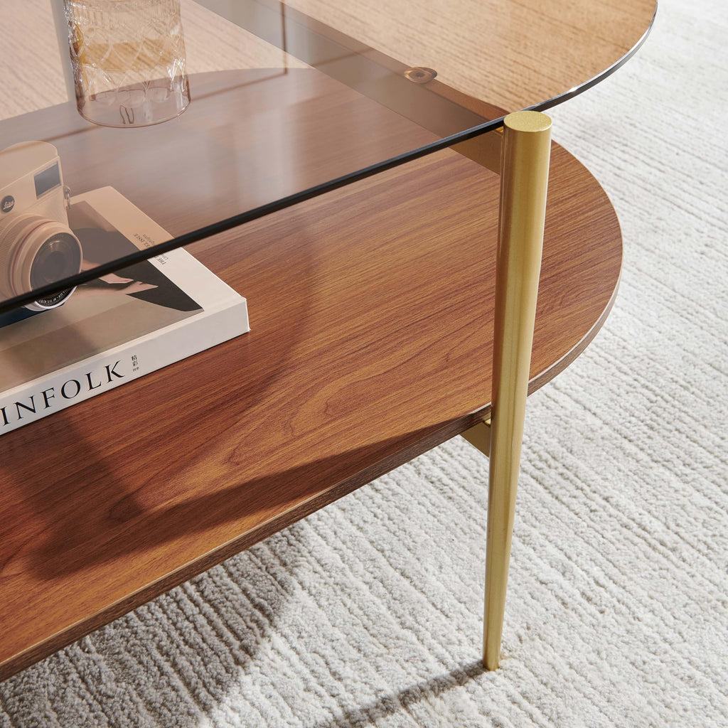 LumFurn Round Coffee Table for Living Room, Mid-Century Modern Design, D30 x H17, 2-Tier Structure, Grey Glass Top and Black Marble Finish Wood Shelf, Sleek Conical Metal Legs with Gold Finish Frame