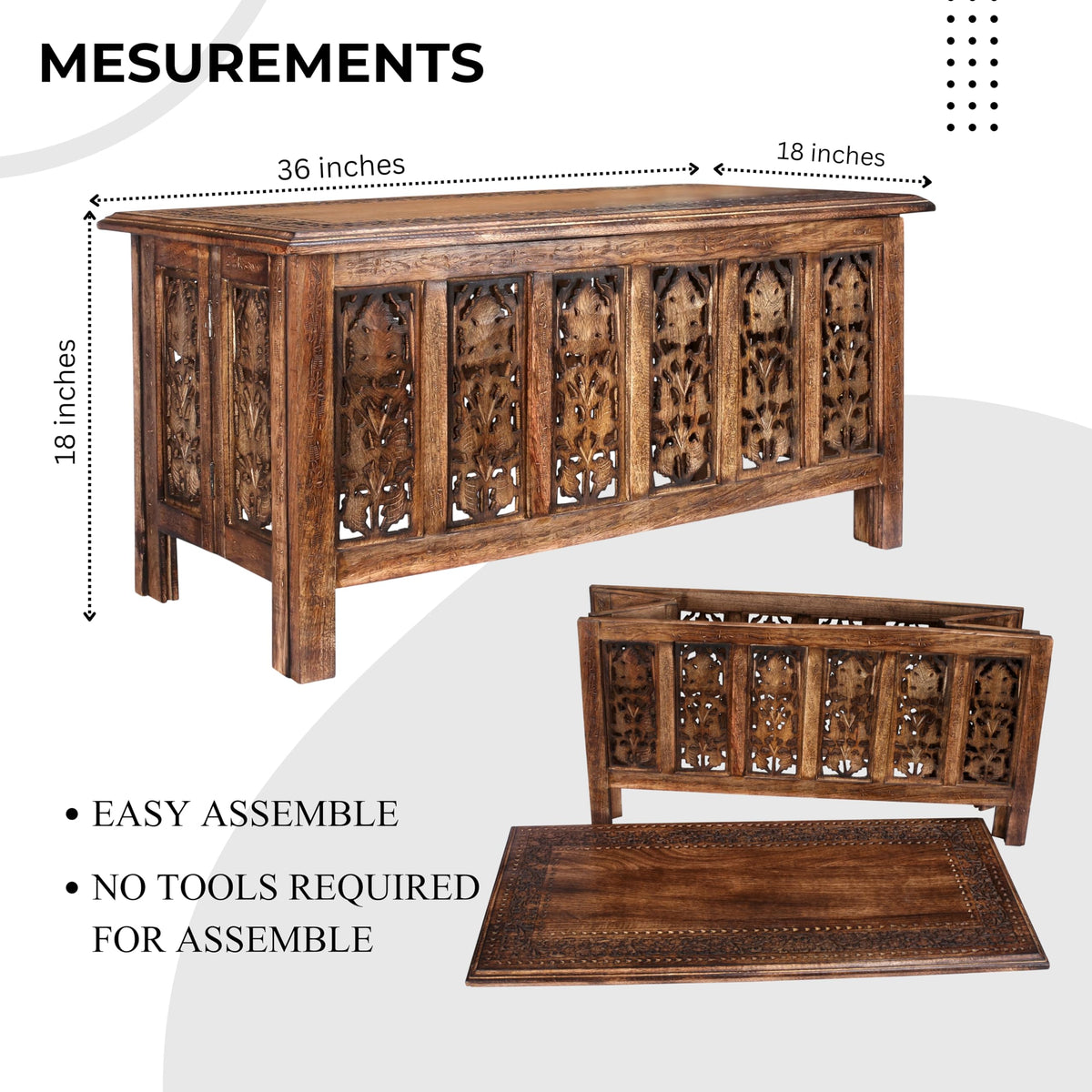 Farmhouse Coffee Table, Jali Carving, 36x24x18 in, Burnt
