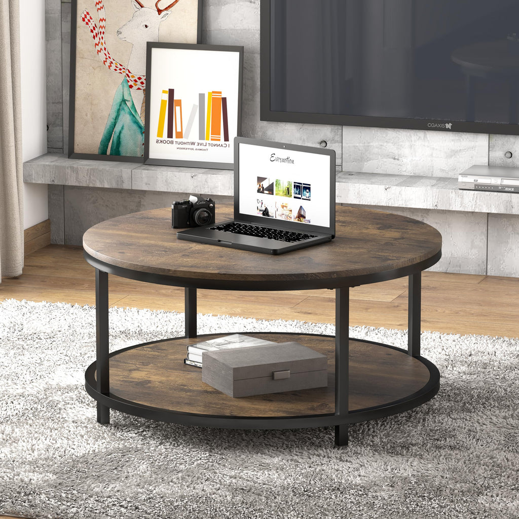 NSdirect Round Coffee Table,36" Coffee Table for Living Room,2-Tier Rustic Wood Desktop with Storage Shelf Modern Design Home Furniture(Light Walnut)