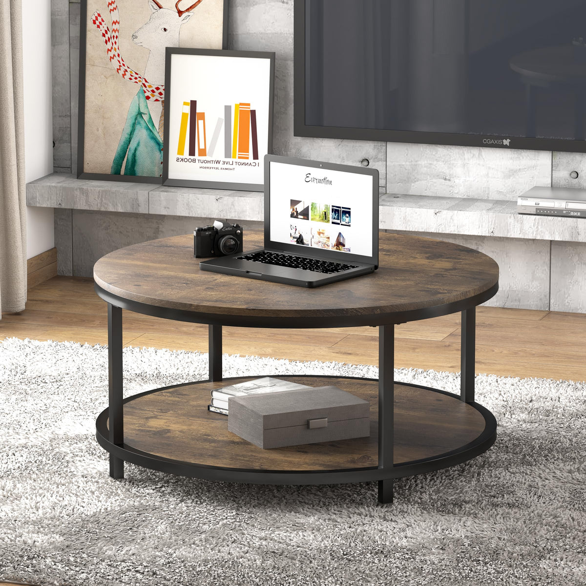 NSdirect Round Coffee Table,36" Coffee Table for Living Room,2-Tier Rustic Wood Desktop with Storage Shelf Modern Design Home Furniture(Light Walnut)