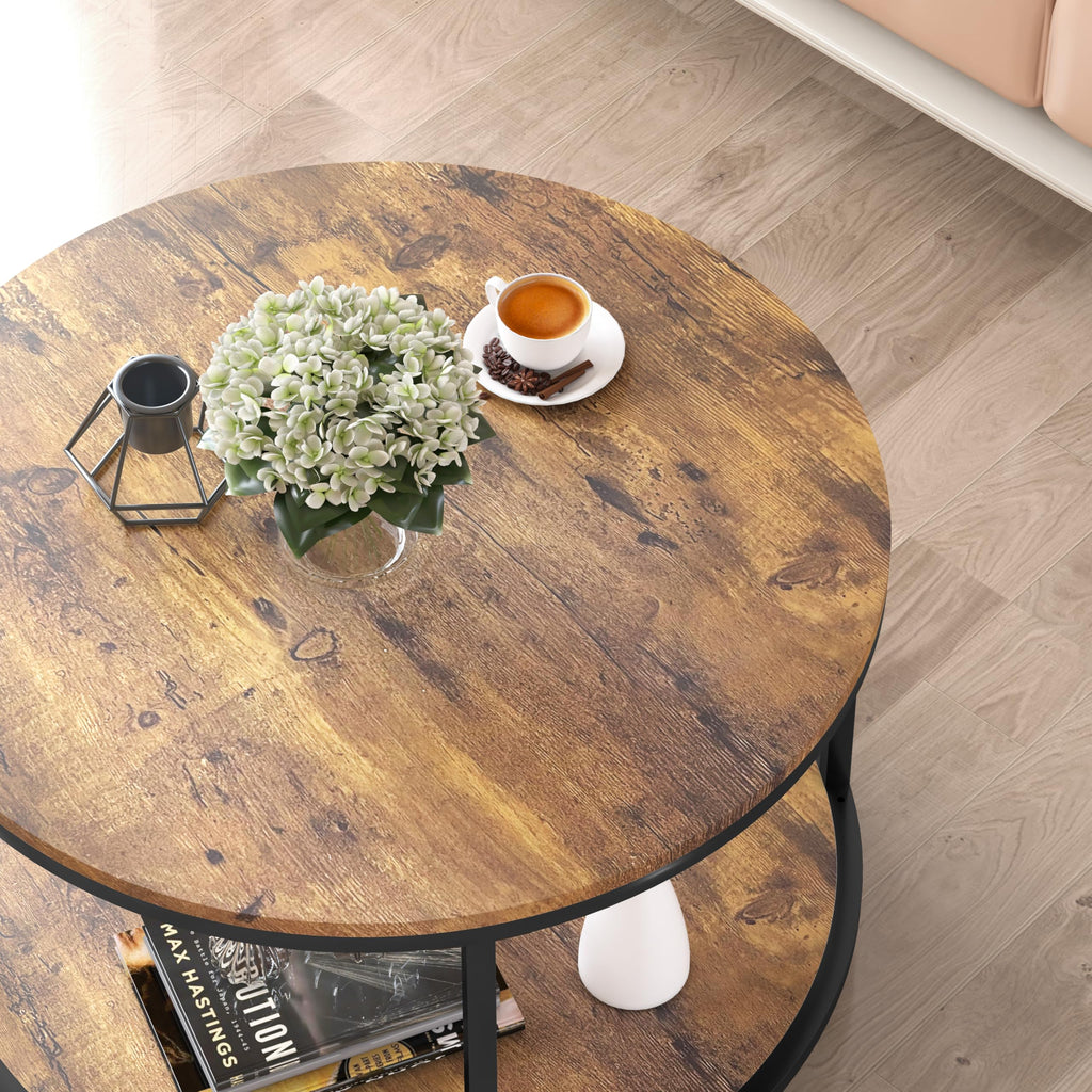 NSdirect Round Coffee Table,36" Coffee Table for Living Room,2-Tier Rustic Wood Desktop with Storage Shelf Modern Design Home Furniture(Light Walnut)