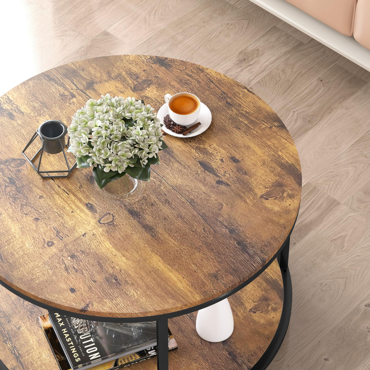 NSdirect Round Coffee Table,36" Coffee Table for Living Room,2-Tier Rustic Wood Desktop with Storage Shelf Modern Design Home Furniture(Light Walnut)