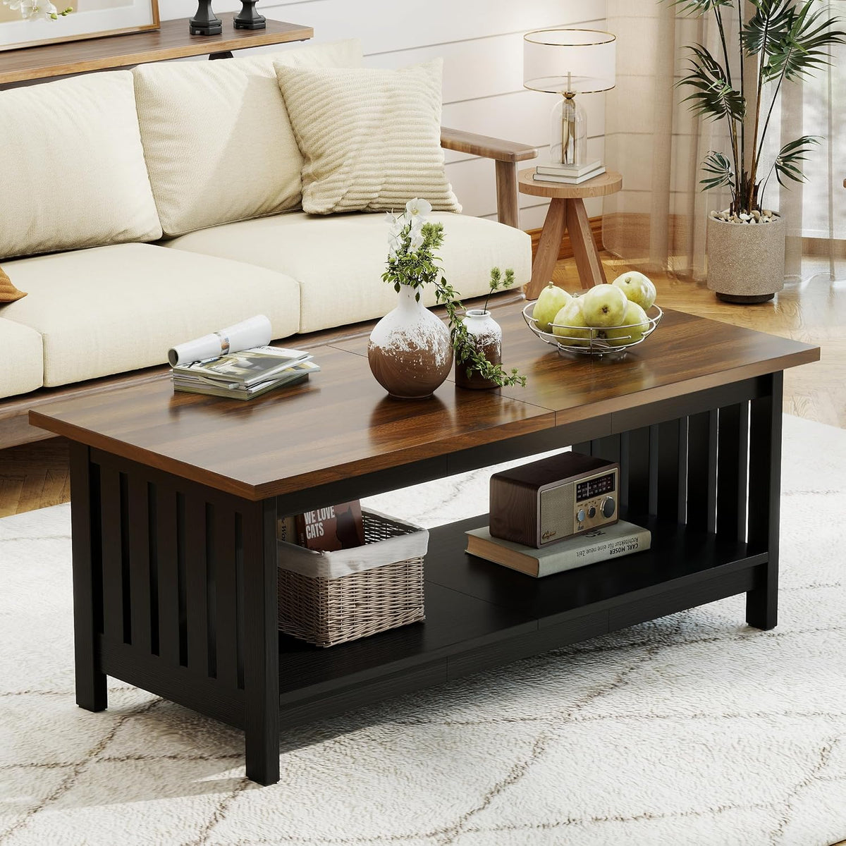 YOSHOOT 47.2" Farmhouse Coffee Table - Coffee Tables for Living Room, Small Coffee Table with Storage, Center Table for Living Room, Bedroom, Office, Black