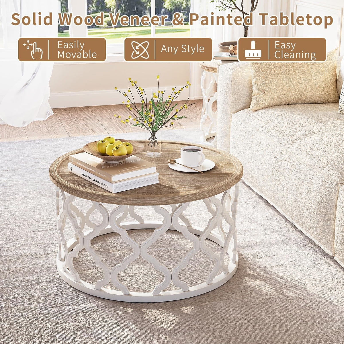 karlott Farmhouse Coffee Table, French Country Round Coffee Table, Beige