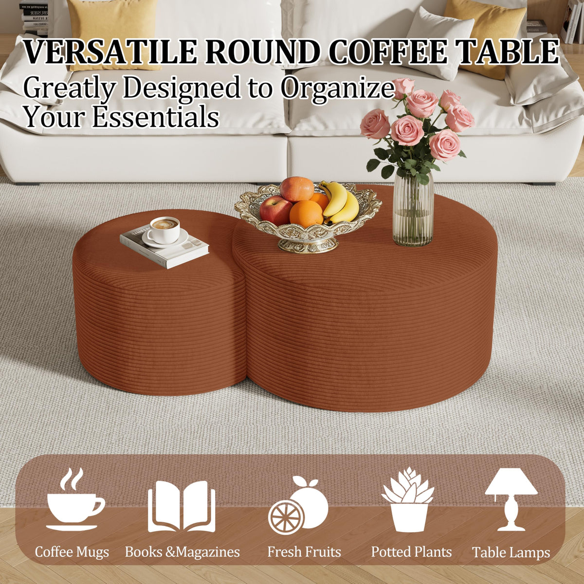 Round Nesting Coffee Table Set of 2,Upholstered Foam Ottoman Footrest Side Table Set,Modern Flannel Circle Coffee Table No Assembly for Living Room Entryway Bedroom,Black