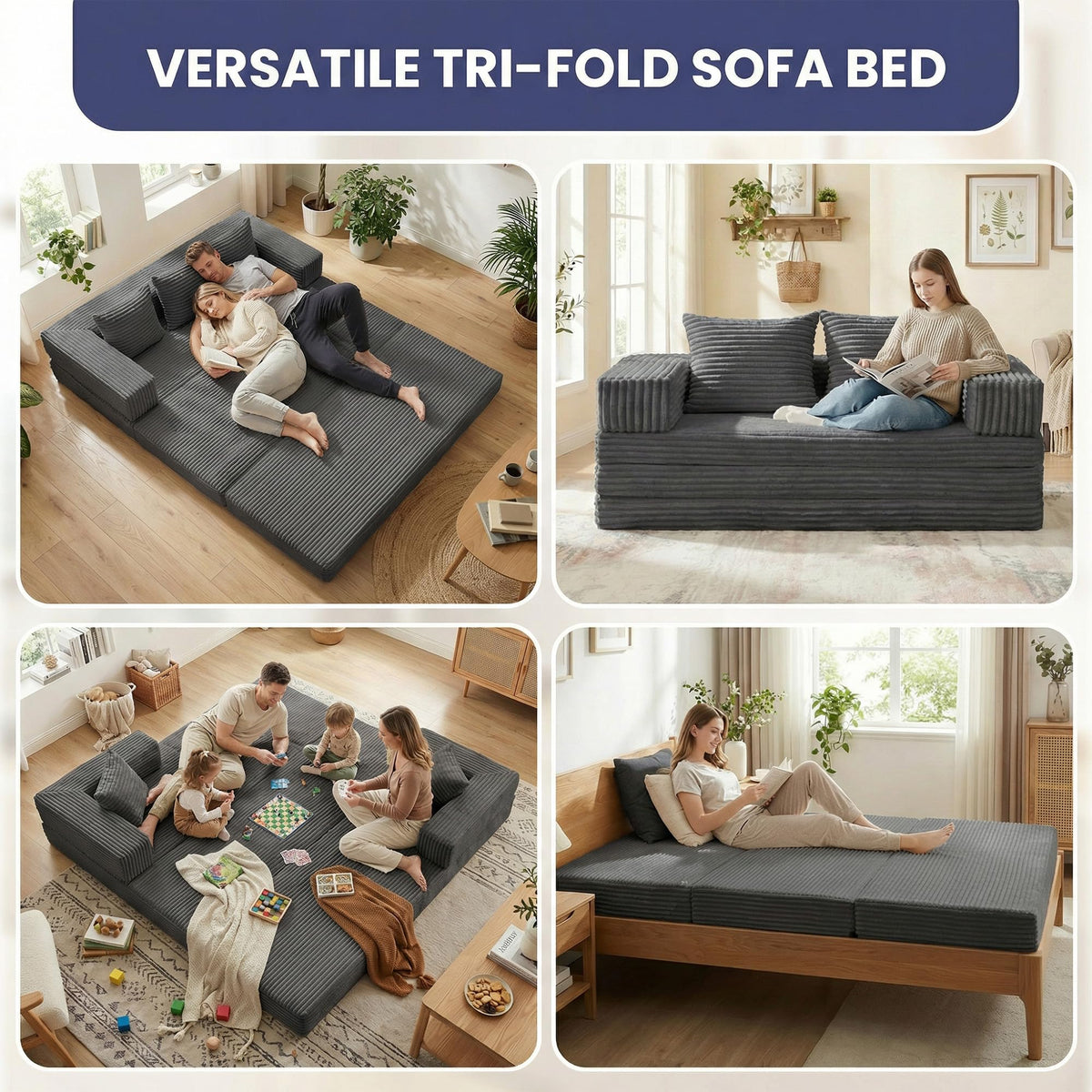 Convertible Sofa Bed, 4-in-1 Boneless Loveseat with Removable Armrests Backrest, Corduroy Futon Couch Bed with Pillow, Foldable Mattress Sleeper Sofa for Living Room Bedroom Small Place (Beige)