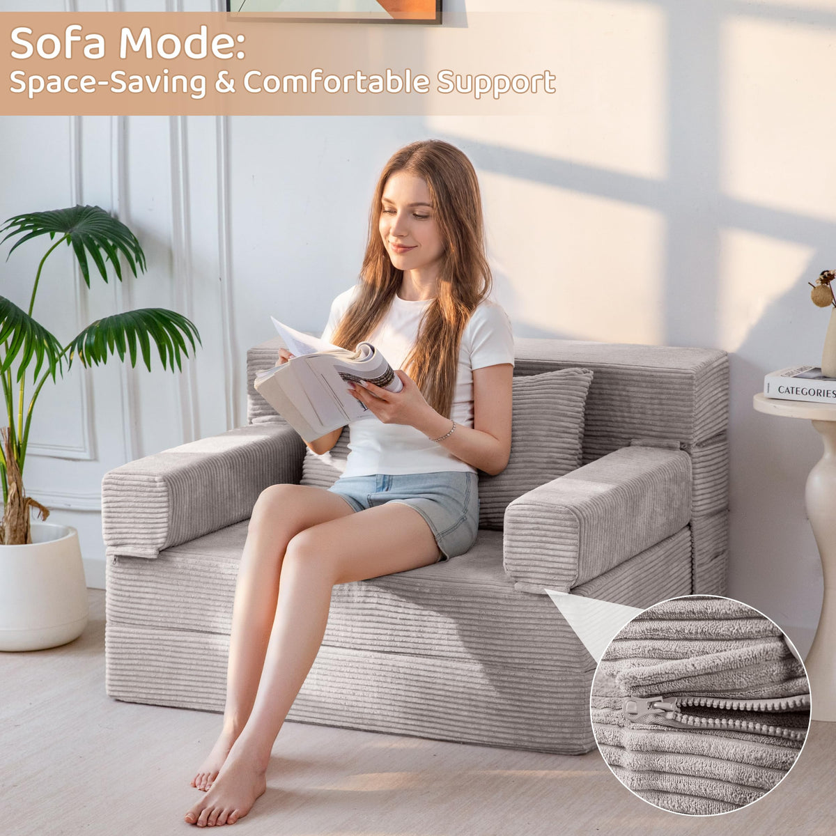 BYBYME Convertible Sofa Bed, 6â Thick 3-Folding Floor Sofa, 53â Loveseat