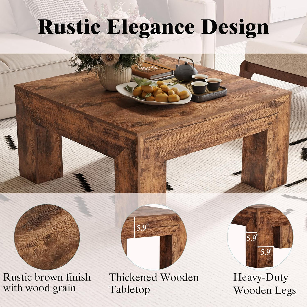 LUMTOK 35" inch Wooden Square Coffee Table for Living Room,Modern Farmhouse