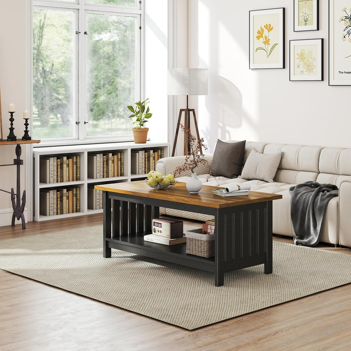 YOSHOOT 47.2" Farmhouse Coffee Table - Coffee Tables for Living Room, Small Coffee Table with Storage, Center Table for Living Room, Bedroom, Office, Black