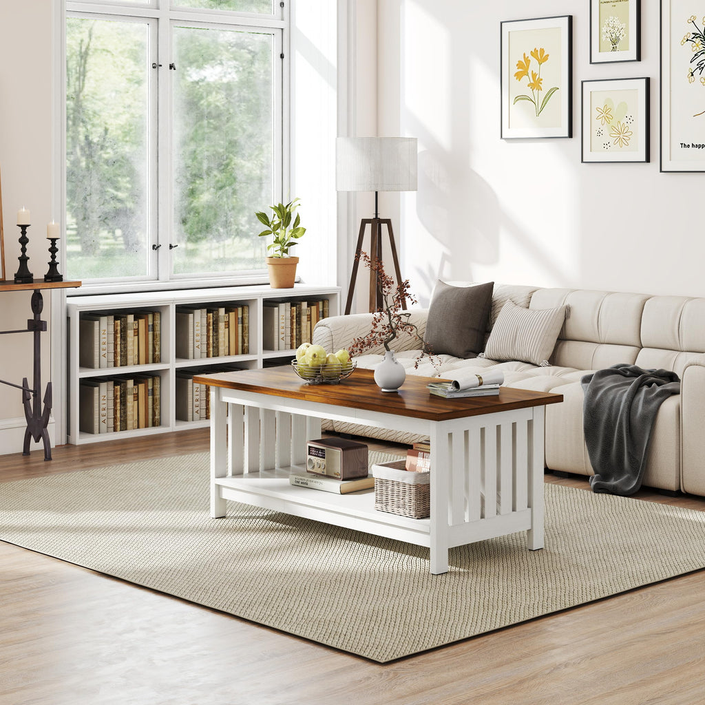 YOSHOOT 47.2" Farmhouse Coffee Table - Coffee Tables for Living Room, Small Coffee Table with Storage, Center Table for Living Room, Bedroom, Office, Black