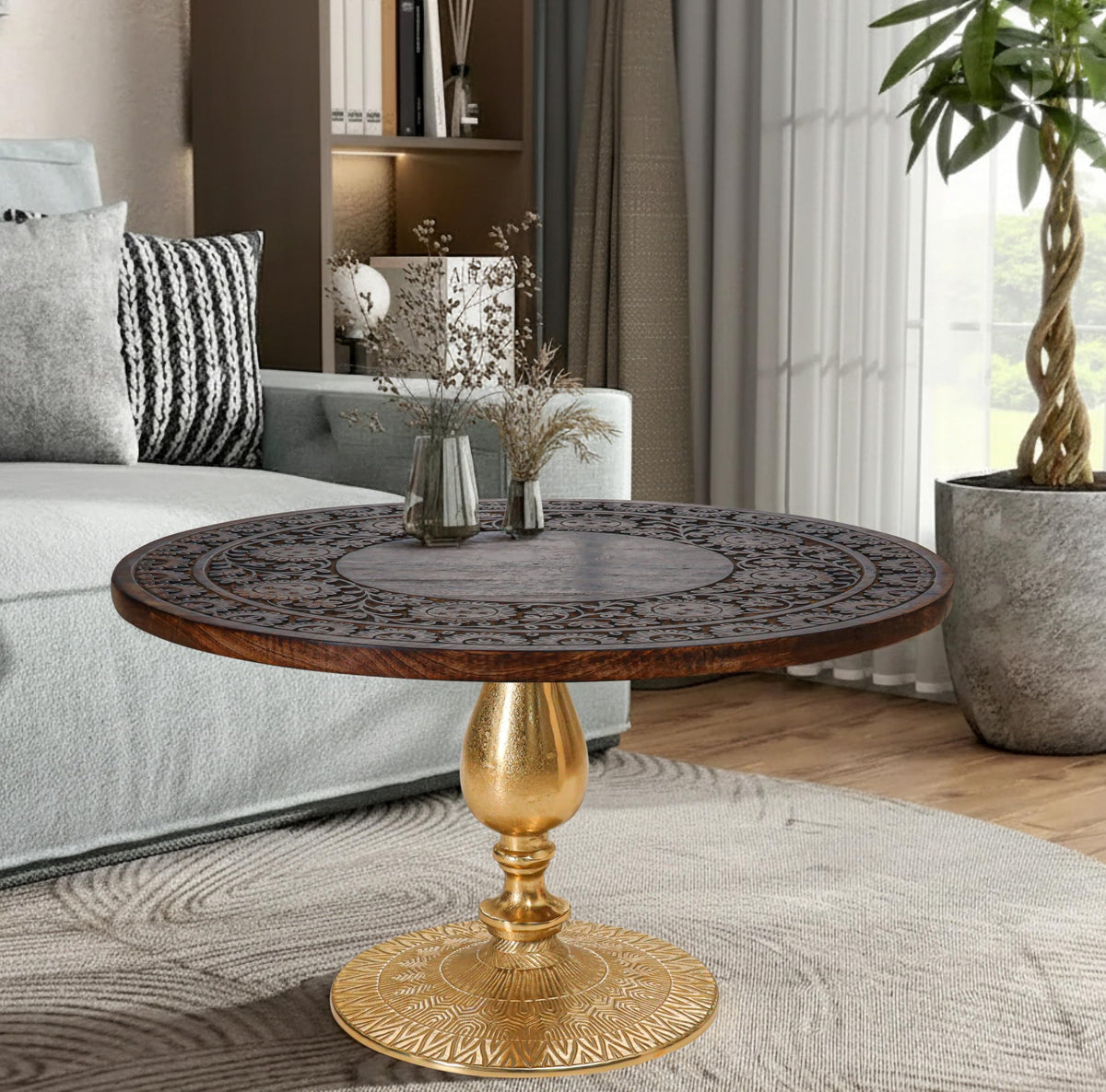 Farmhouse Coffee Table, Jali Carving, 36x24x18 in, Burnt