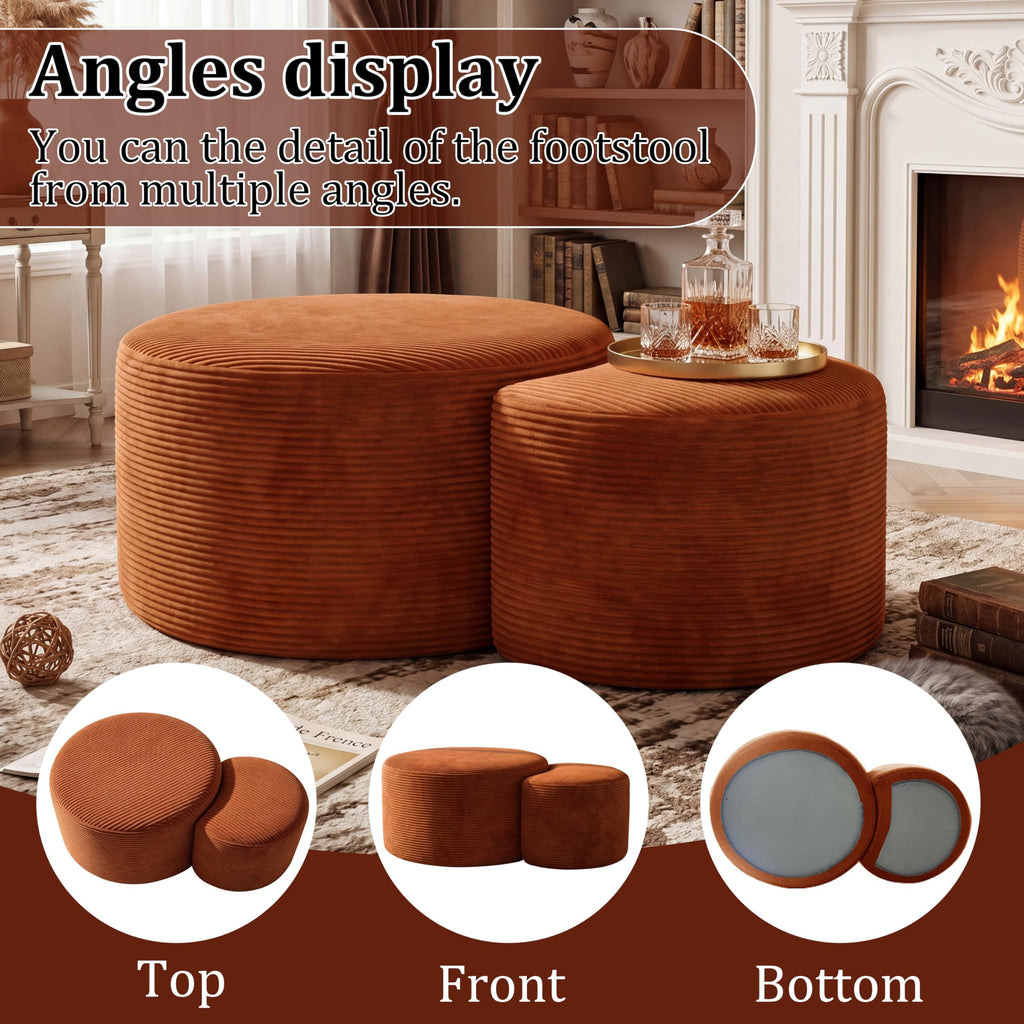 BSHOMGI Nesting Coffee Table Set of 2,Corduroy Ottoman Soft Foot Rest Movable LargePouf Footstool for Living Room Sofa Couch Bedroom Entryway and Small Spaces No Assembly (Blue, 32"+17")