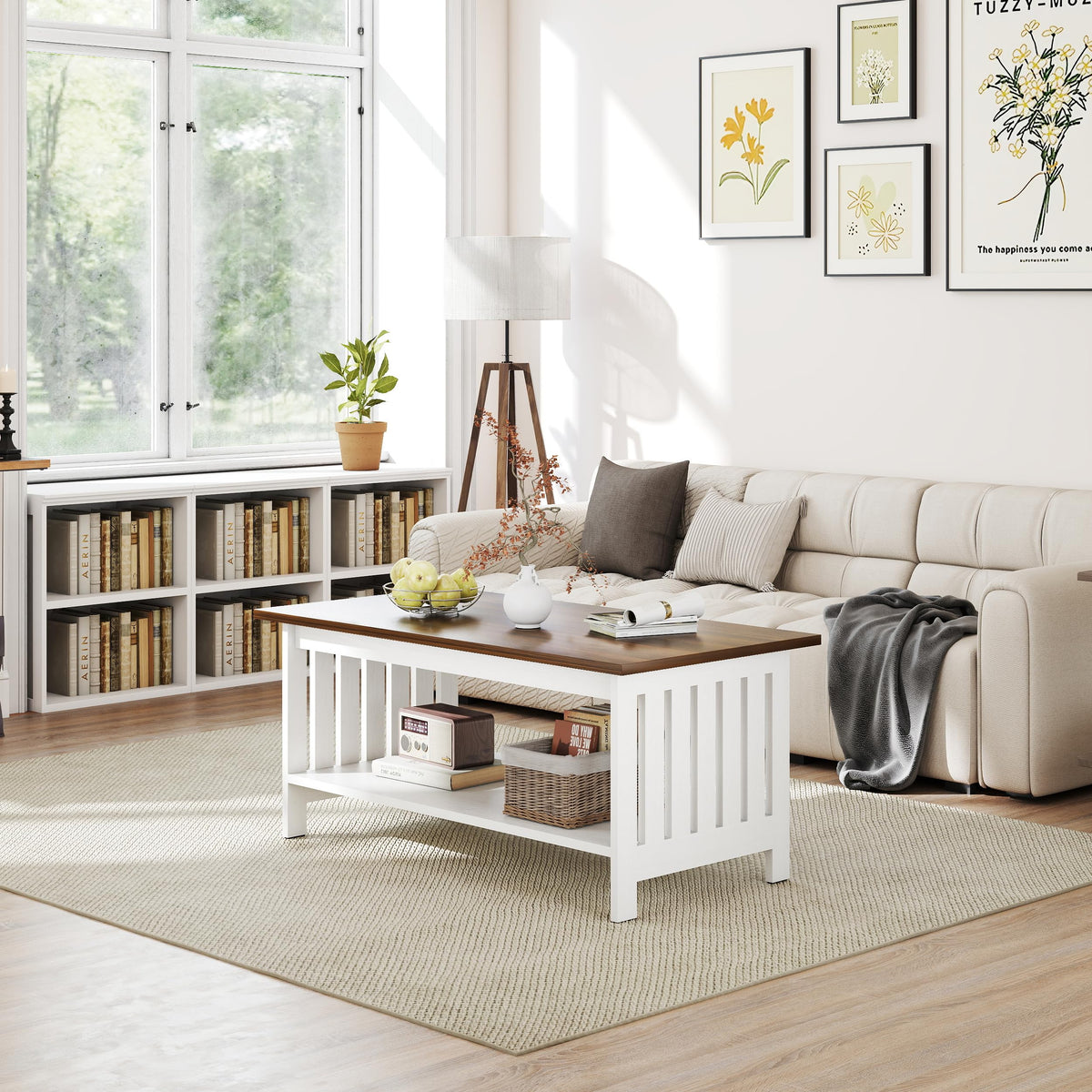 YOSHOOT 47.2" Farmhouse Coffee Table - Coffee Tables for Living Room, Small Coffee Table with Storage, Center Table for Living Room, Bedroom, Office, Black