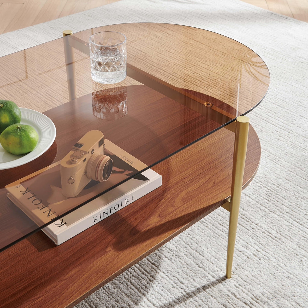 LumFurn Round Coffee Table for Living Room, Mid-Century Modern Design, D30 x H17, 2-Tier Structure, Grey Glass Top and Black Marble Finish Wood Shelf, Sleek Conical Metal Legs with Gold Finish Frame