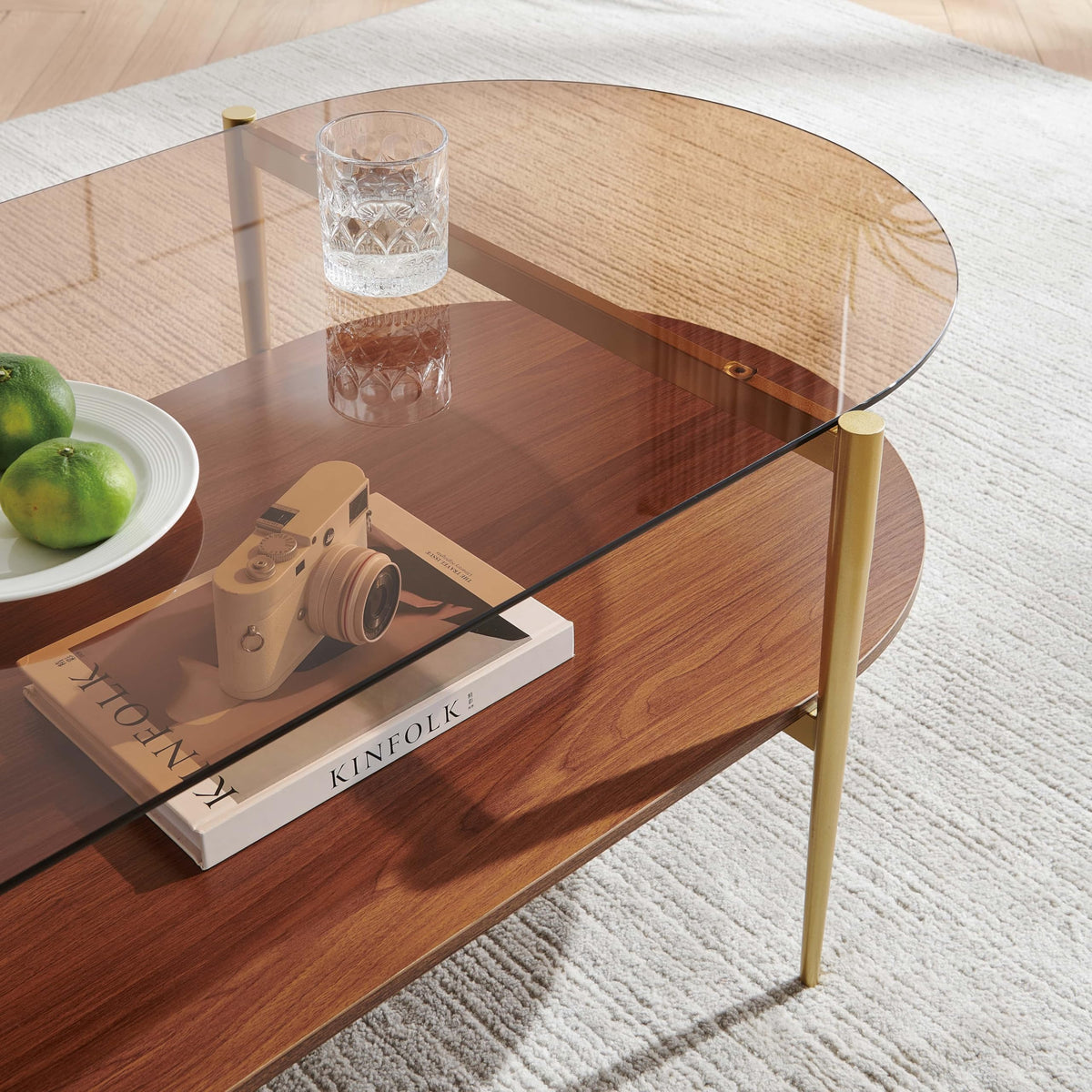 LumFurn Round Coffee Table for Living Room, Mid-Century Modern Design, D30 x H17, 2-Tier Structure, Grey Glass Top and Black Marble Finish Wood Shelf, Sleek Conical Metal Legs with Gold Finish Frame