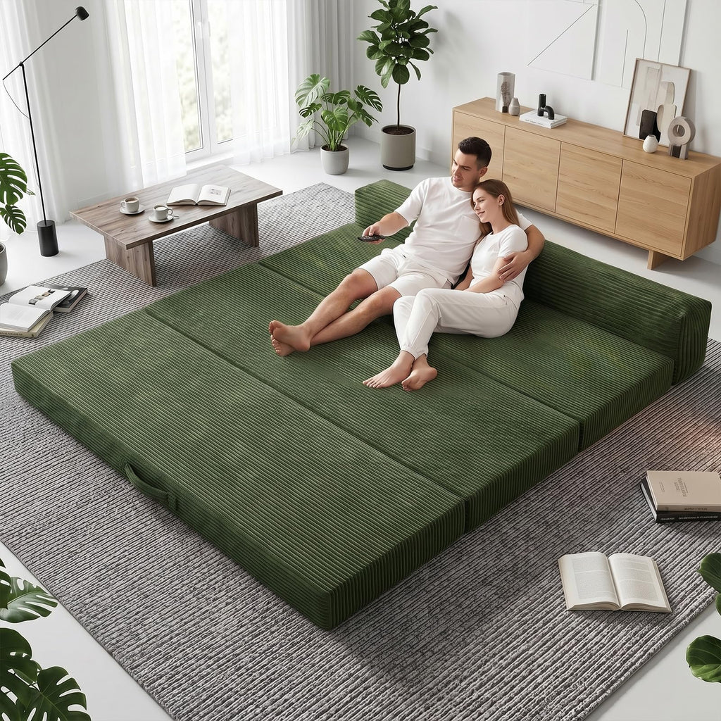 JUIKURY 6 Inch Tri-Fold Memory Foam Mattress Queen Size, 5 in 1 Convertible Sofa Bed, Foldable Floor Futon Sleeper Couch with Washable Cover & High-Density Foam, Portable Guest Bed for Living Room