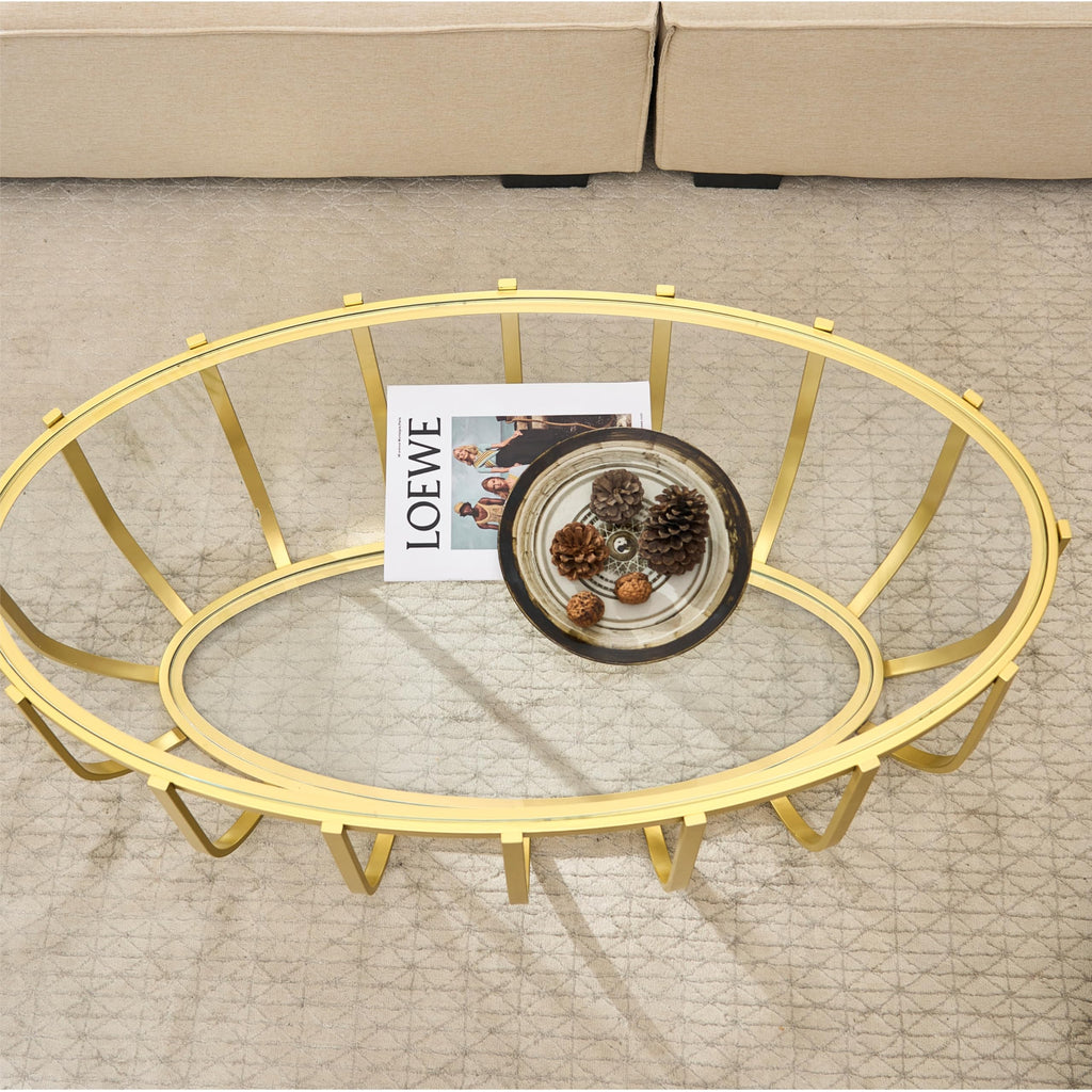 Saint Mossi Gold Round Coffee Table with Clear Glass Top and Glass Shelf
