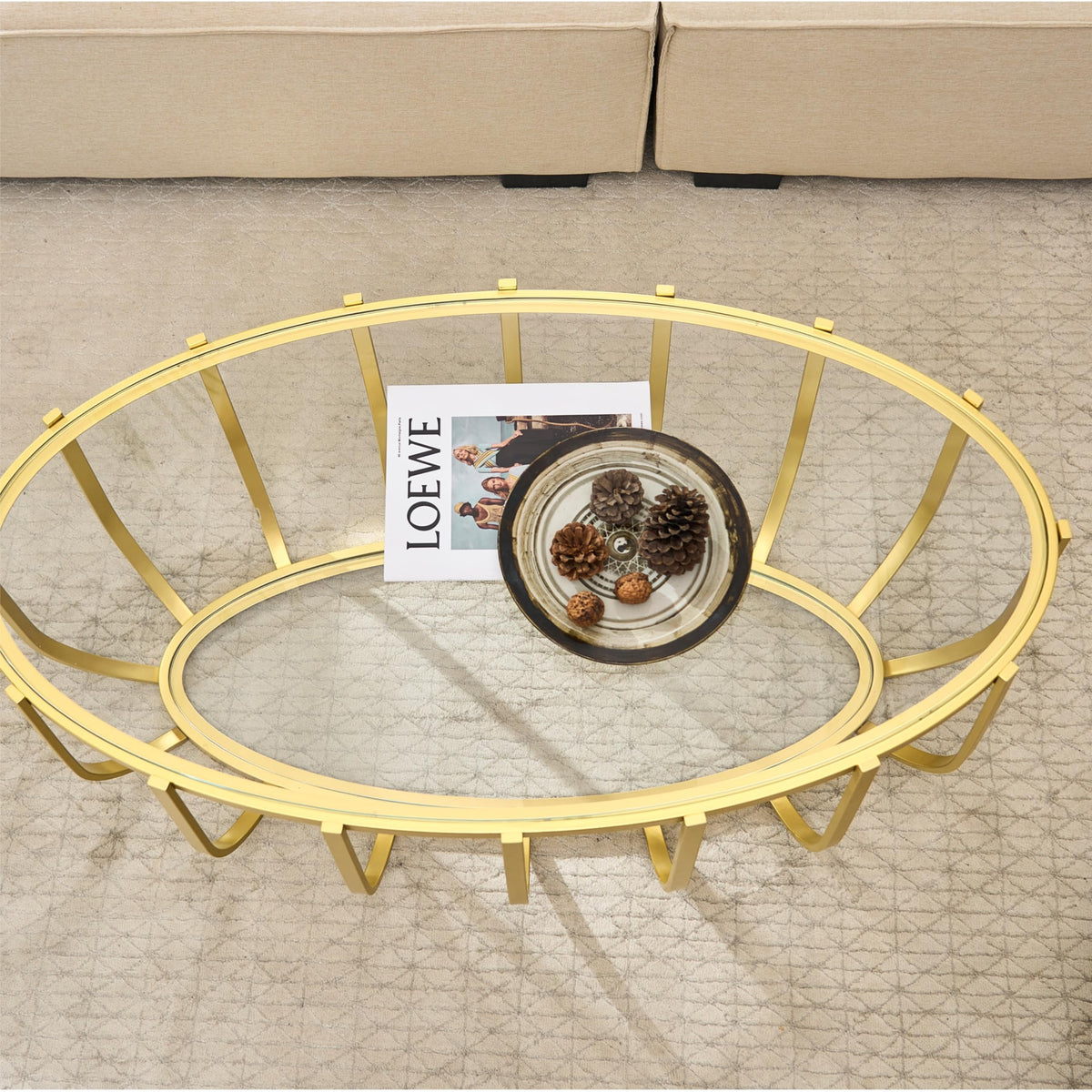 Saint Mossi Gold Round Coffee Table with Clear Glass Top and Glass Shelf