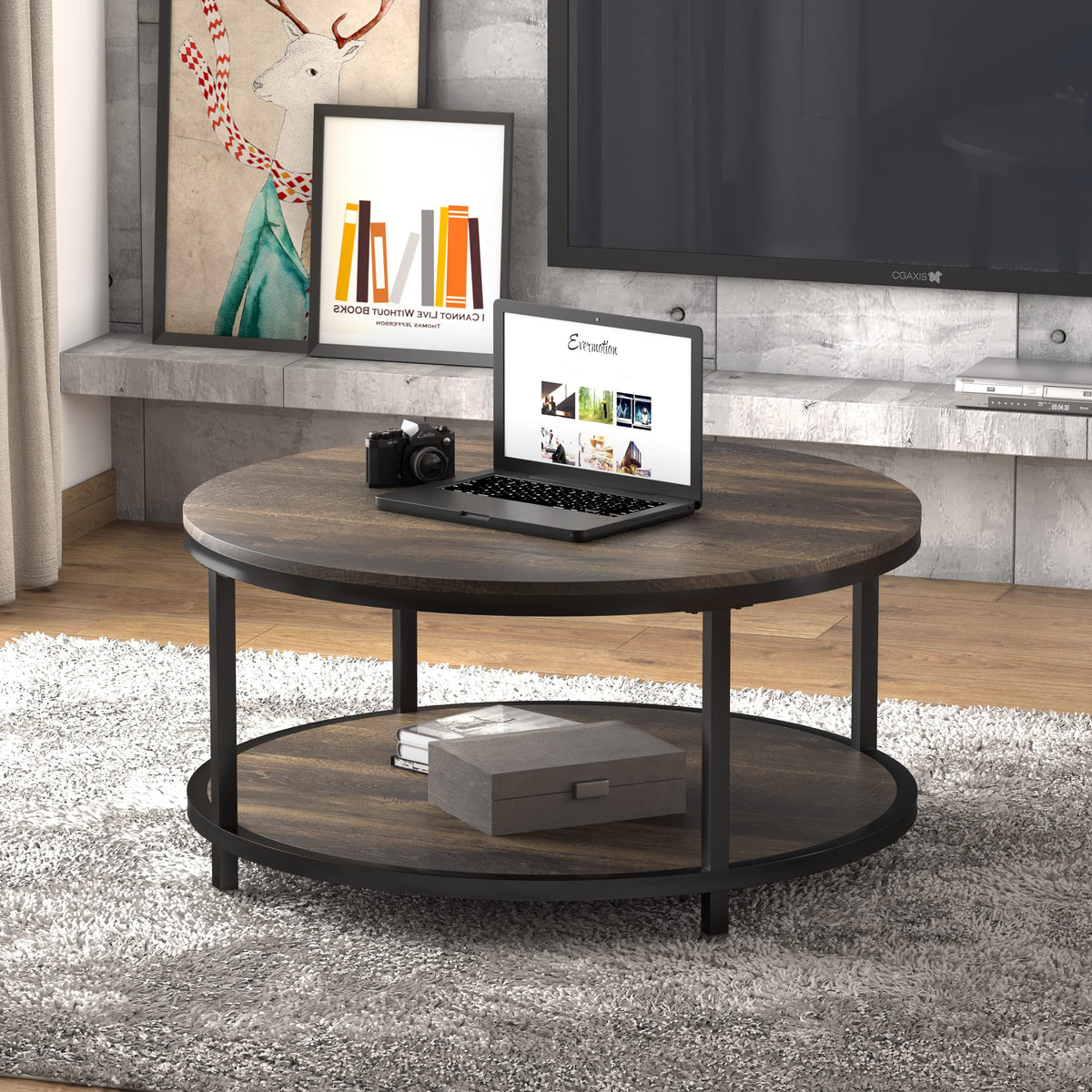 NSdirect Round Coffee Table,36" Coffee Table for Living Room,2-Tier Rustic Wood Desktop with Storage Shelf Modern Design Home Furniture(Light Walnut)
