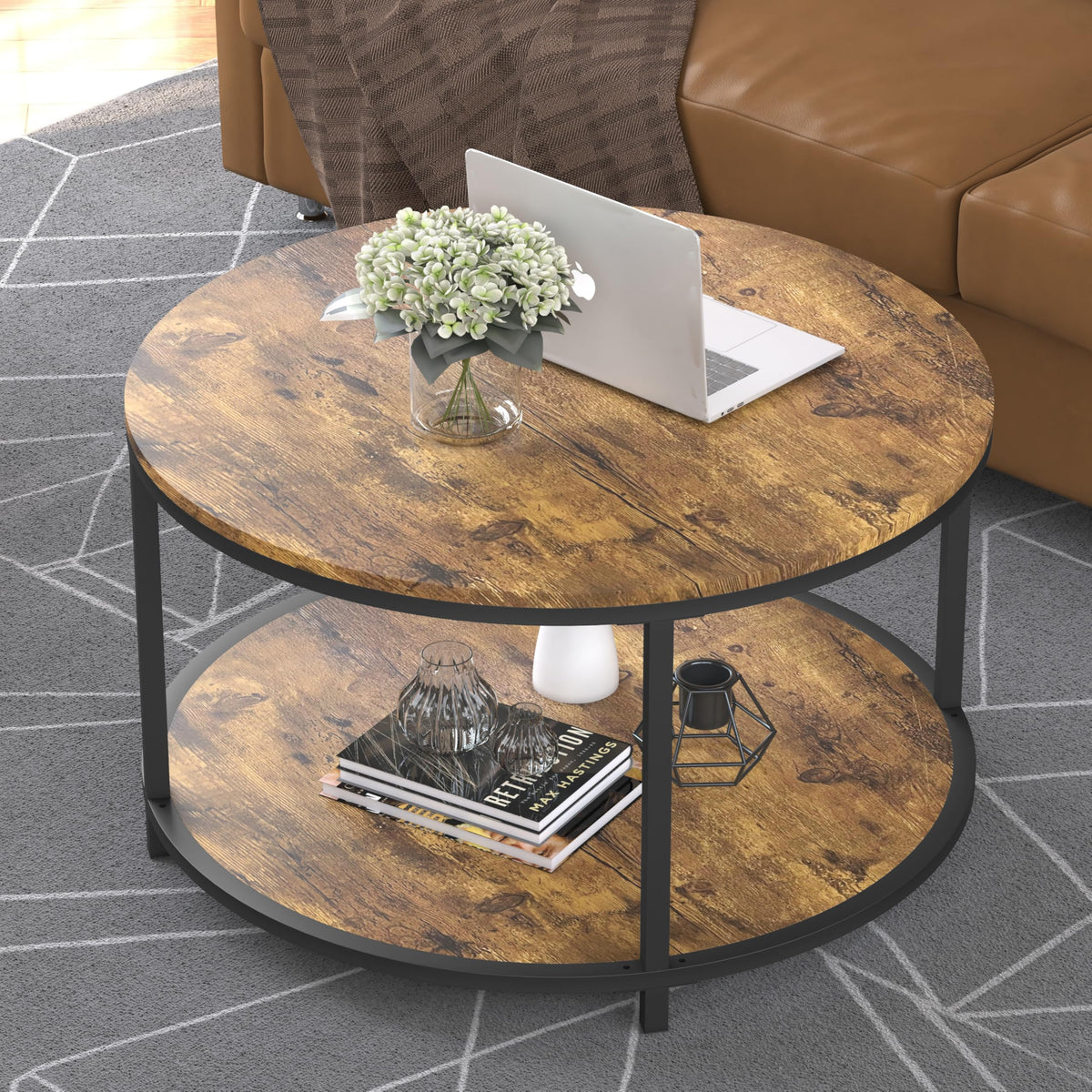 NSdirect Round Coffee Table,36" Coffee Table for Living Room,2-Tier Rustic Wood Desktop with Storage Shelf Modern Design Home Furniture(Light Walnut)