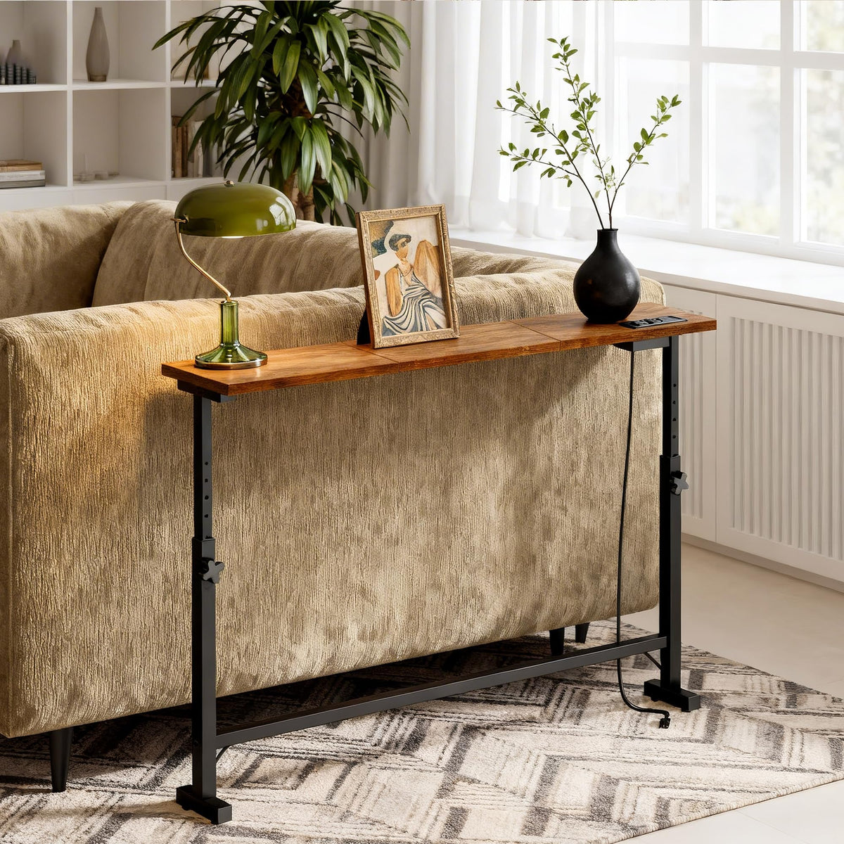 106"-157" Adjustable Length Behind Couch Sofa Table with 3 Power Outlets