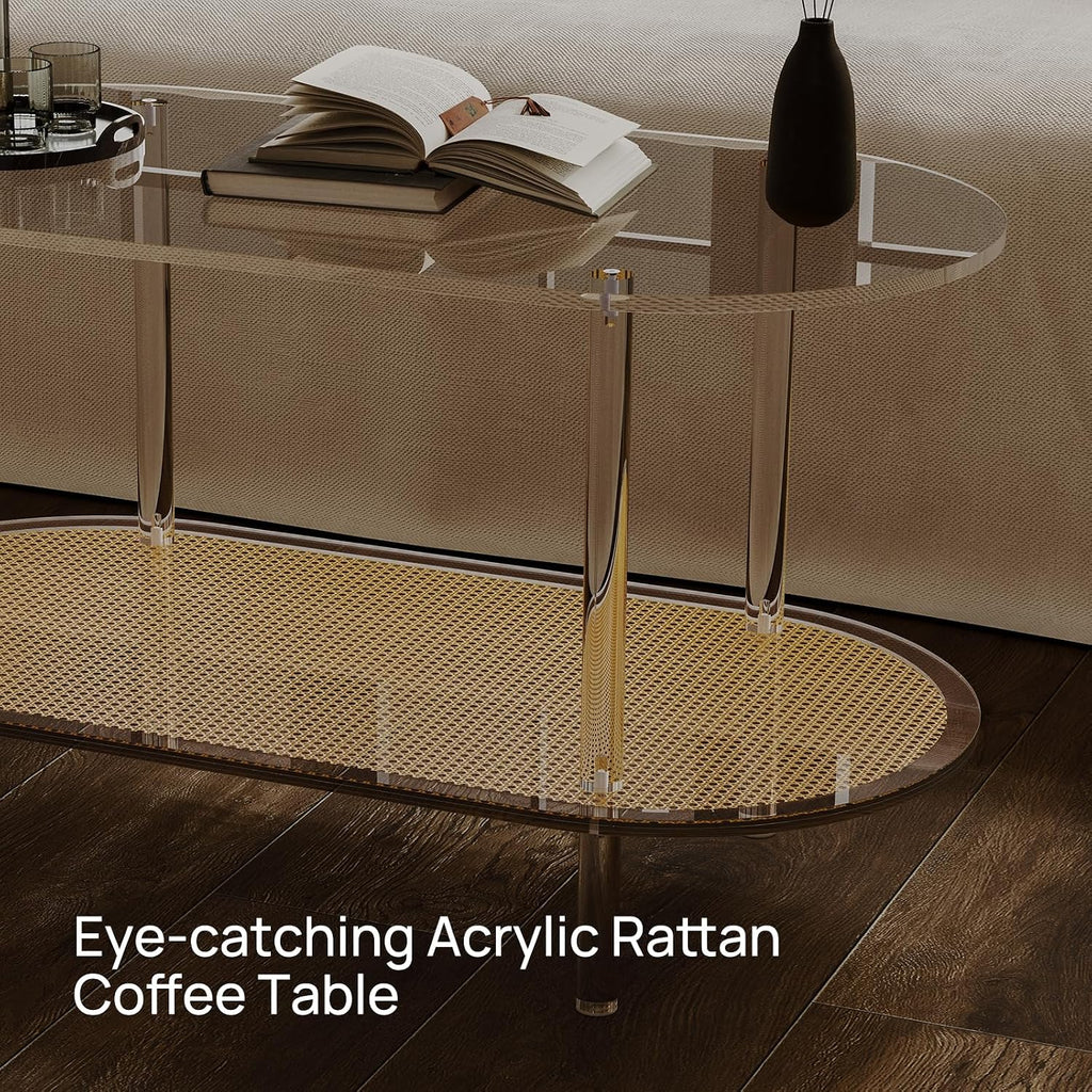 HMYHUM Acrylic Oval Coffee Table, 2-Tier Clear Table with Rattan Storage Shelf, Modern Centre Table for Living Room, Bedroom, Office, Reception Room, 31.5" L Ã 15.7" W Ã 17.7" H
