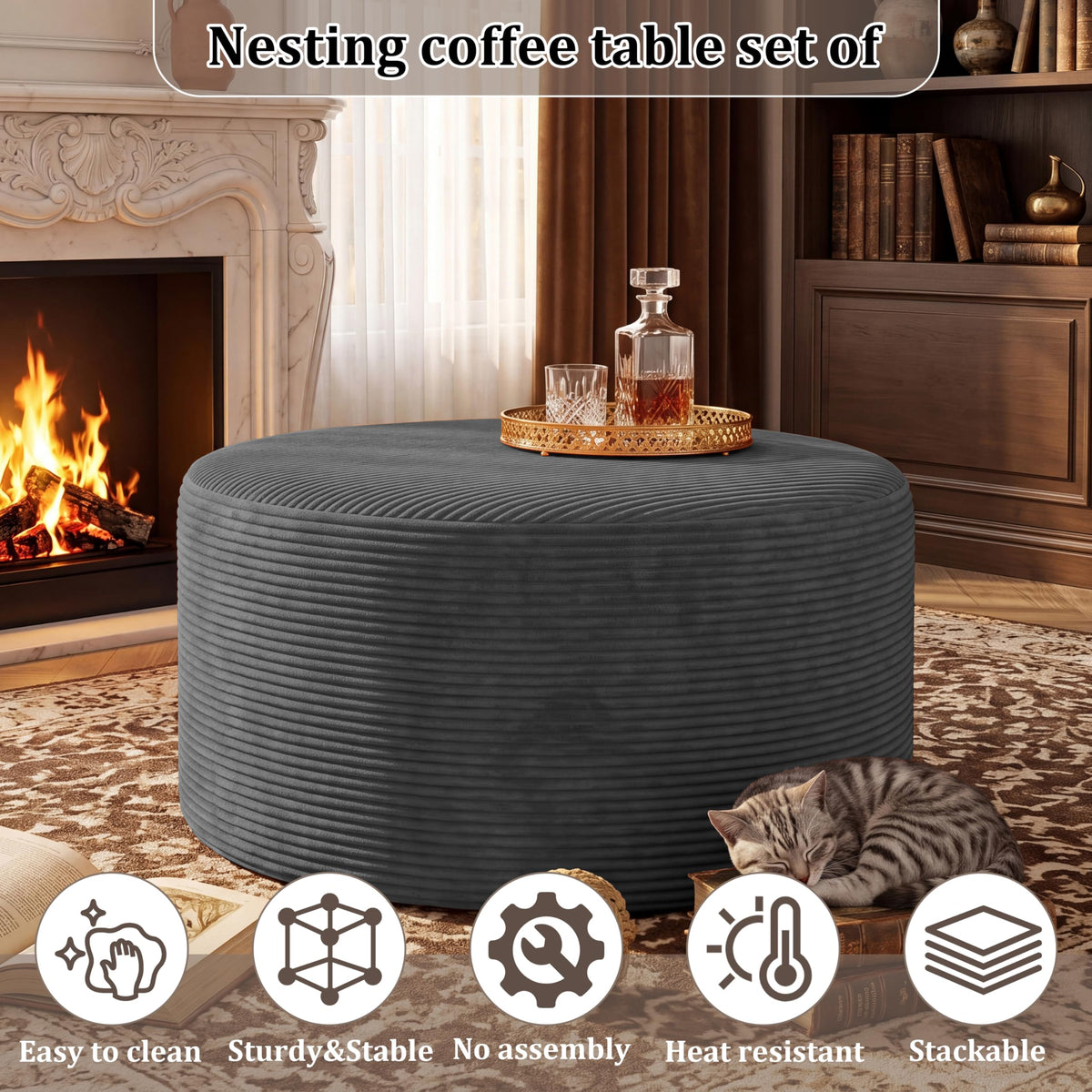 BSHOMGI Nesting Coffee Table Set of 2,Corduroy Ottoman Soft Foot Rest Movable LargePouf Footstool for Living Room Sofa Couch Bedroom Entryway and Small Spaces No Assembly (Blue, 32"+17")