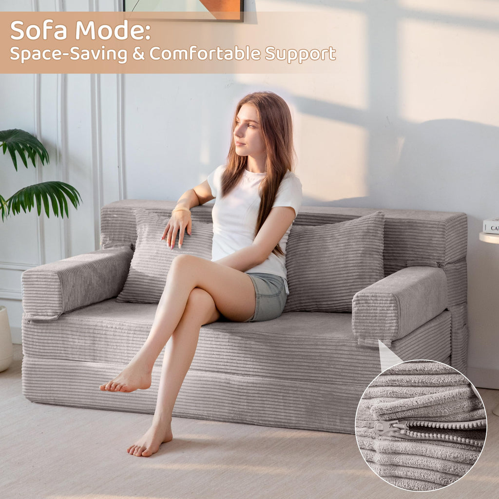 BYBYME Convertible Sofa Bed, 6â Thick 3-Folding Floor Sofa, 53â Loveseat
