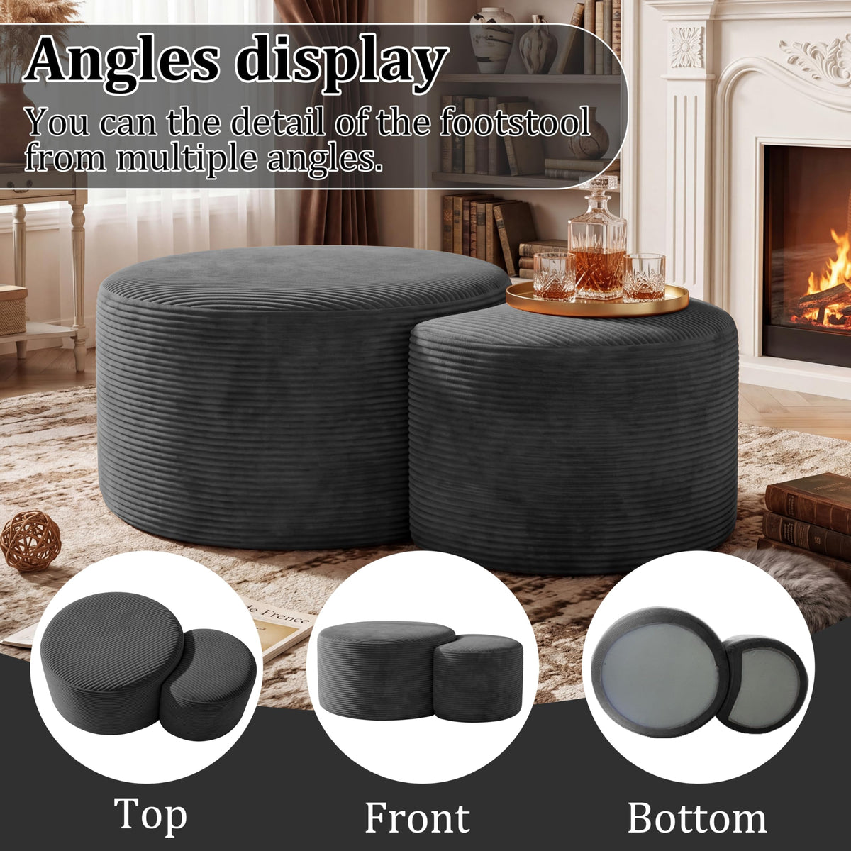 BSHOMGI Nesting Coffee Table Set of 2,Corduroy Ottoman Soft Foot Rest Movable LargePouf Footstool for Living Room Sofa Couch Bedroom Entryway and Small Spaces No Assembly (Blue, 32"+17")