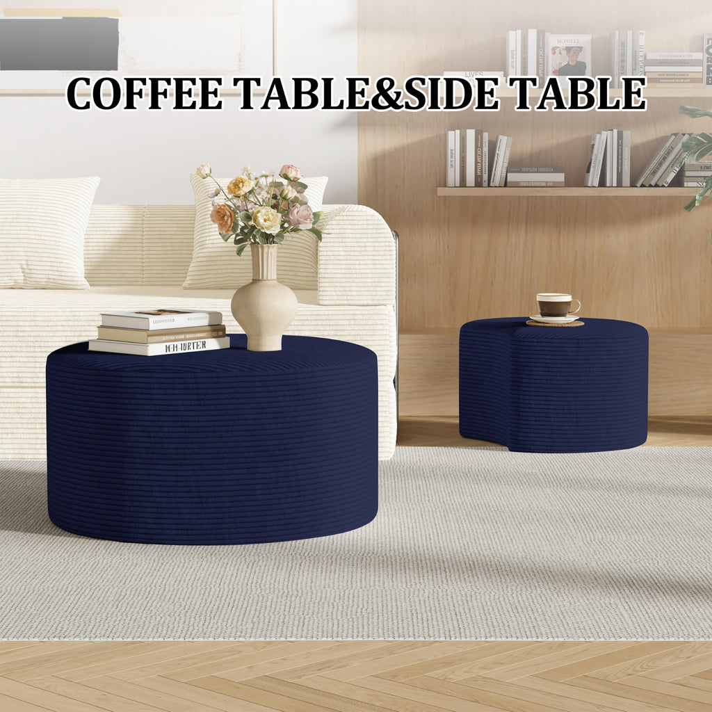 Round Nesting Coffee Table Set of 2,Upholstered Foam Ottoman Footrest Side Table Set,Modern Flannel Circle Coffee Table No Assembly for Living Room Entryway Bedroom,Black