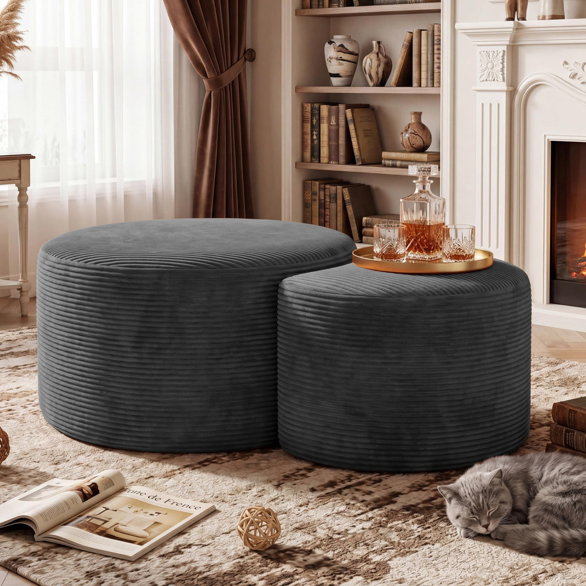 BSHOMGI Nesting Coffee Table Set of 2,Corduroy Ottoman Soft Foot Rest Movable LargePouf Footstool for Living Room Sofa Couch Bedroom Entryway and Small Spaces No Assembly (Blue, 32"+17")