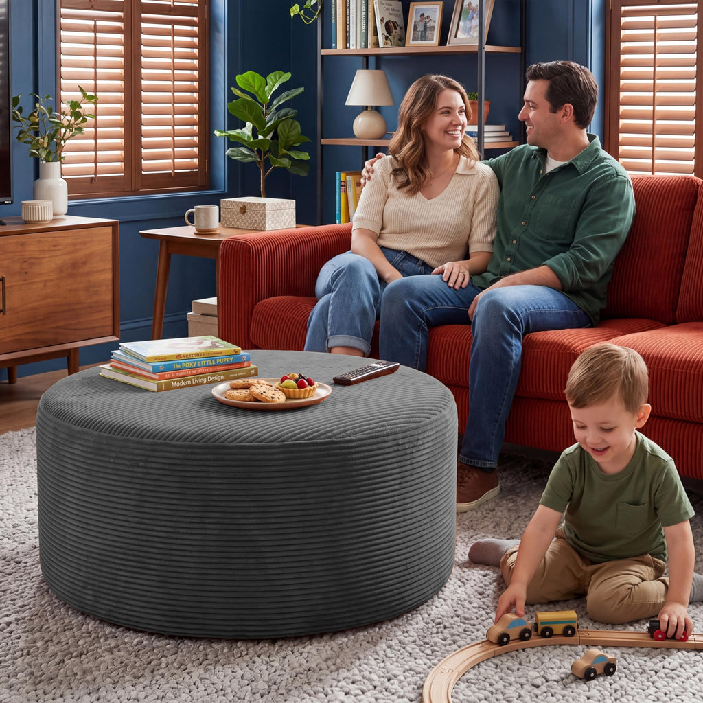 BSHOMGI Nesting Coffee Table Set of 2,Corduroy Ottoman Soft Foot Rest Movable LargePouf Footstool for Living Room Sofa Couch Bedroom Entryway and Small Spaces No Assembly (Blue, 32"+17")