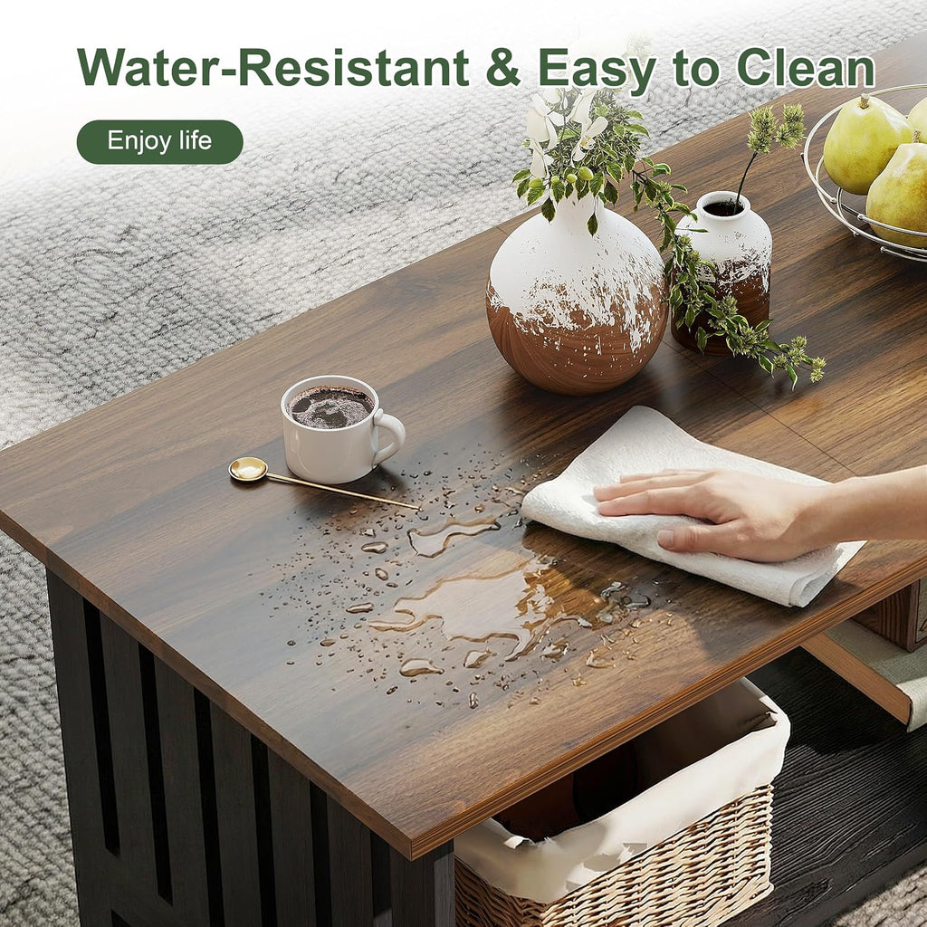 YOSHOOT 47.2" Farmhouse Coffee Table - Coffee Tables for Living Room, Small Coffee Table with Storage, Center Table for Living Room, Bedroom, Office, Black