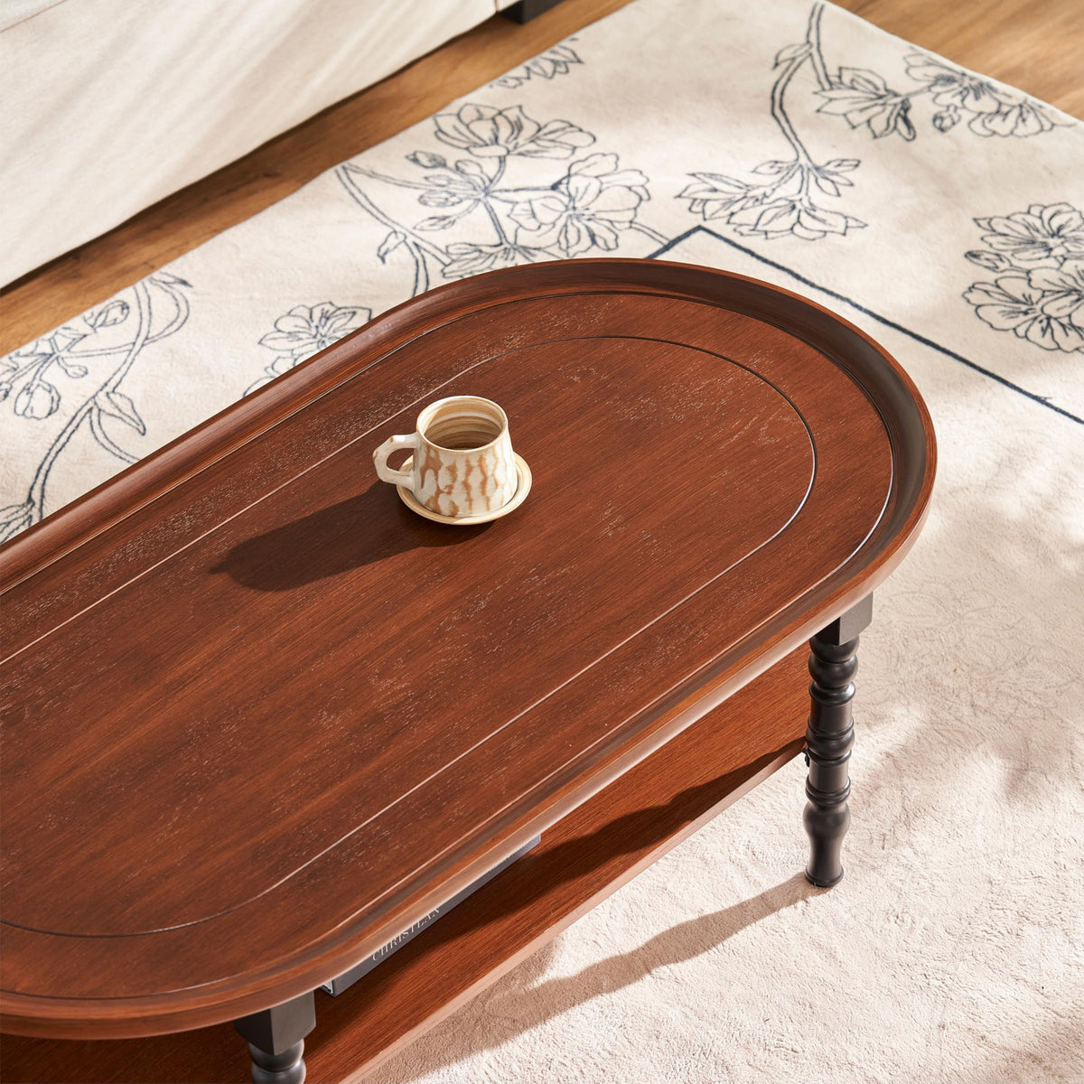 Saint Mossi French Country Coffee Table for Living Room, Mid-Century Modern Round Coffee Table, 2-Tier Wood Center Table, Wanlut Wood Top and French Style Table Legs