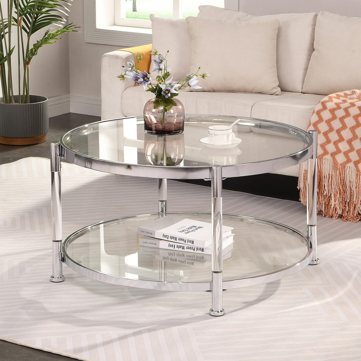 32" Tempered Glass Round Coffee Table Modern Chrome Frame Acrylic Legs Circle Living Room Center Tables