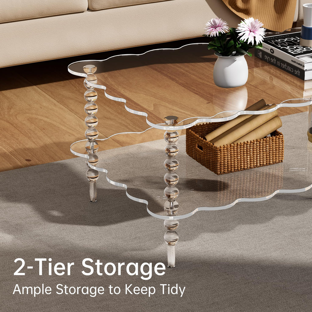 Acrylic Coffee Table, 2-Tier Living Room Table with Storage, Center Table Mid-Modern Century for Living Room, Easy to Assemble (Green, 37.8âÃ23.6âÃ15.7â)