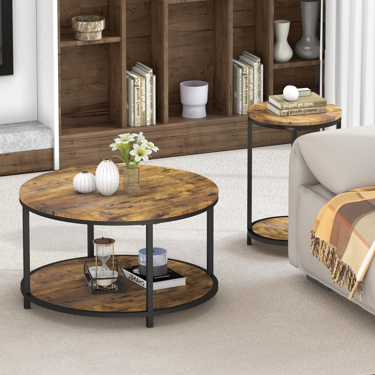 NSdirect Round Coffee Table,36" Coffee Table for Living Room,2-Tier Rustic Wood Desktop with Storage Shelf Modern Design Home Furniture(Light Walnut)