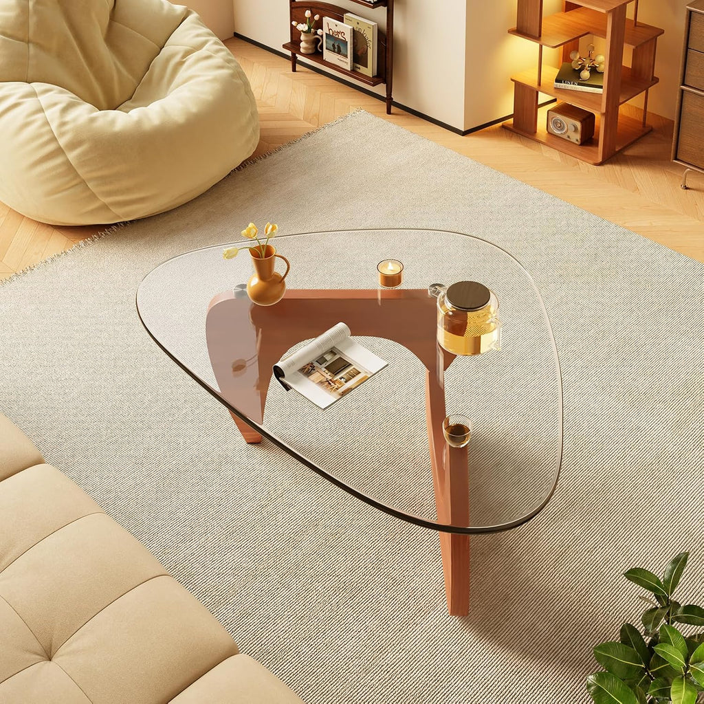 Coffee Tables Glass Small Farmhouse Coffee Table Mid-Century Modern Wood Center Table for Living Room, Walnut Transparent, 32 Inch