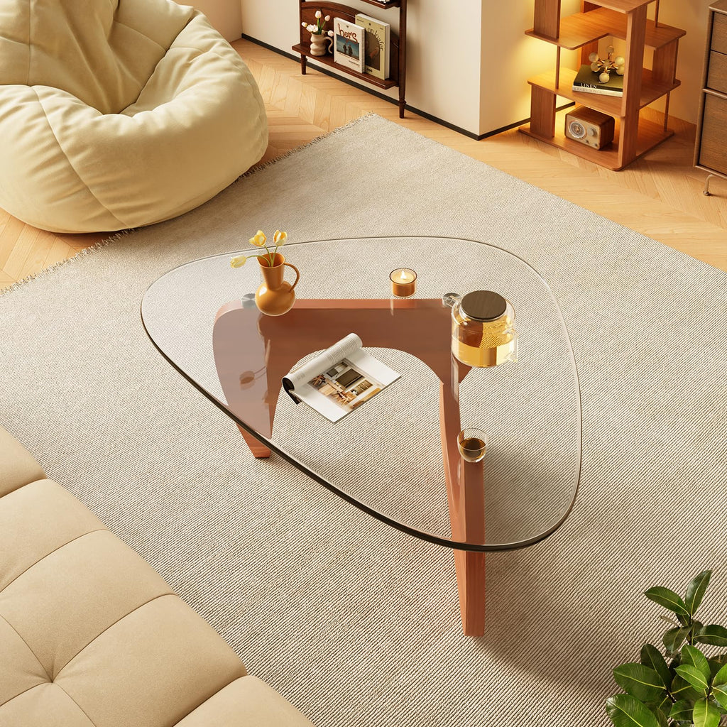 Coffee Tables Glass Small Farmhouse Coffee Table Mid-Century Modern Wood Center Table for Living Room, Walnut Transparent, 32 Inch