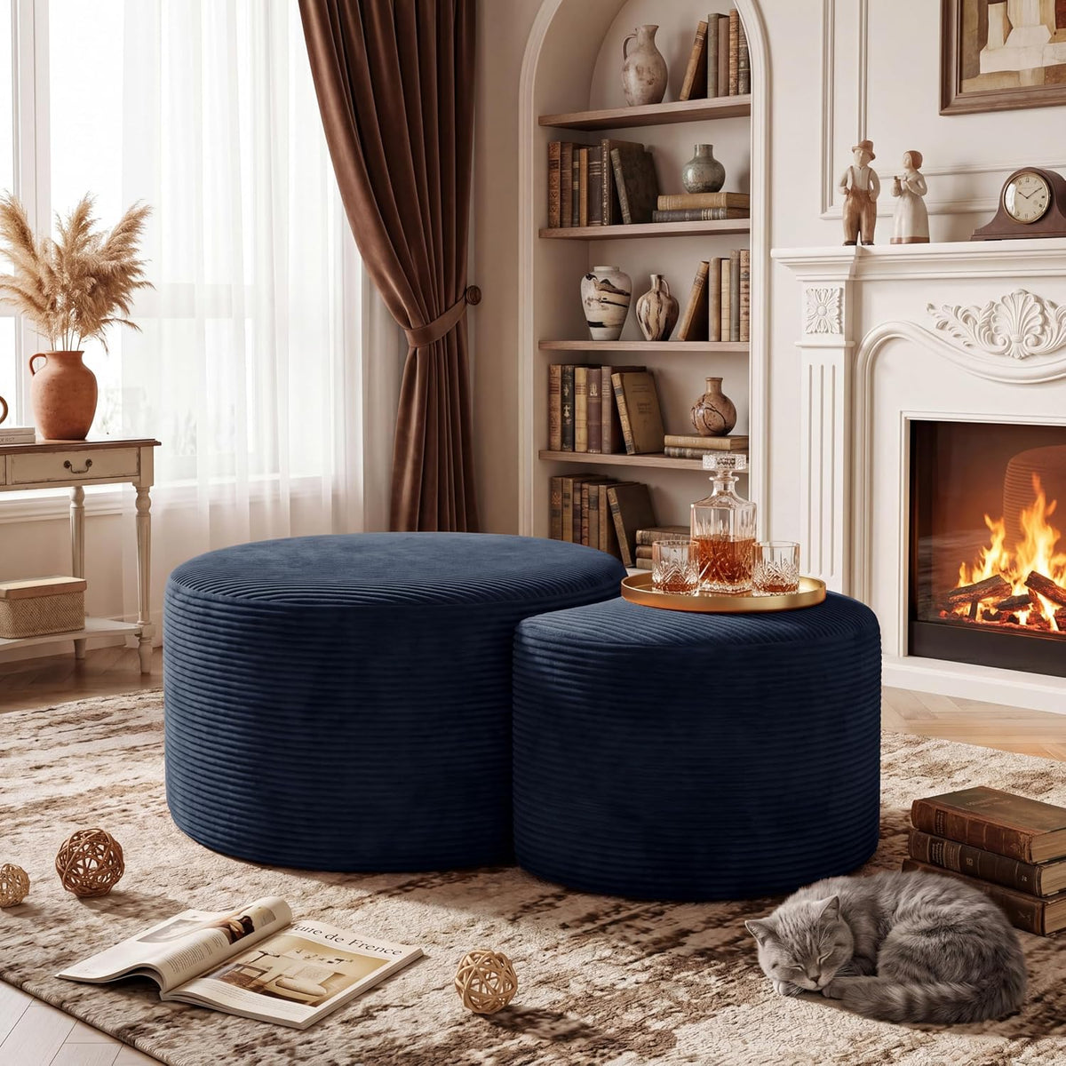 BSHOMGI Nesting Coffee Table Set of 2,Corduroy Ottoman Soft Foot Rest Movable LargePouf Footstool for Living Room Sofa Couch Bedroom Entryway and Small Spaces No Assembly (Blue, 32"+17")