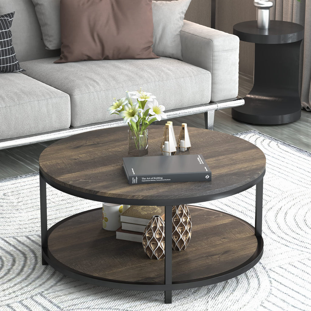 NSdirect Round Coffee Table,36" Coffee Table for Living Room,2-Tier Rustic Wood Desktop with Storage Shelf Modern Design Home Furniture(Light Walnut)