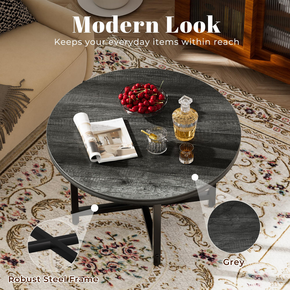 Coffee Tables for Living Room, 27.6" Round Coffee Table, Black Coffee Table