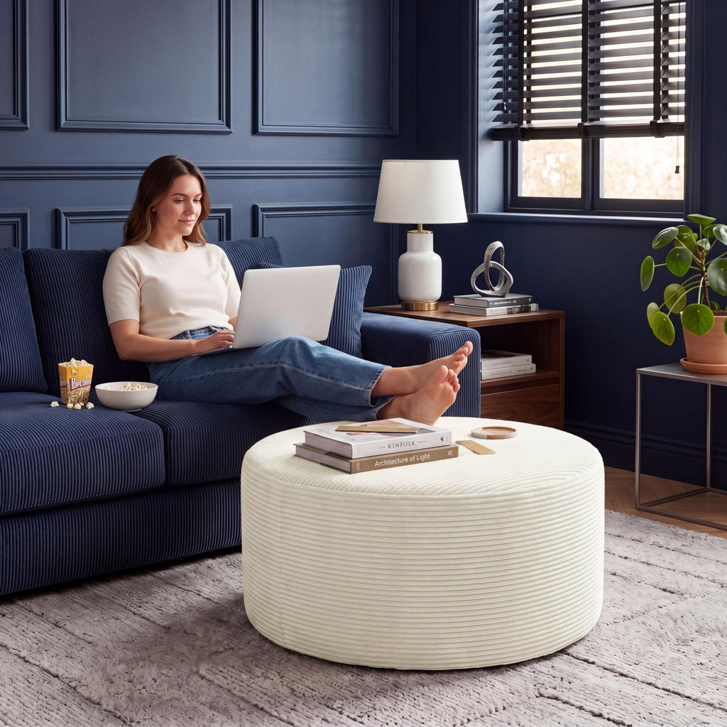 BSHOMGI Nesting Coffee Table Set of 2,Corduroy Ottoman Soft Foot Rest Movable LargePouf Footstool for Living Room Sofa Couch Bedroom Entryway and Small Spaces No Assembly (Blue, 32"+17")