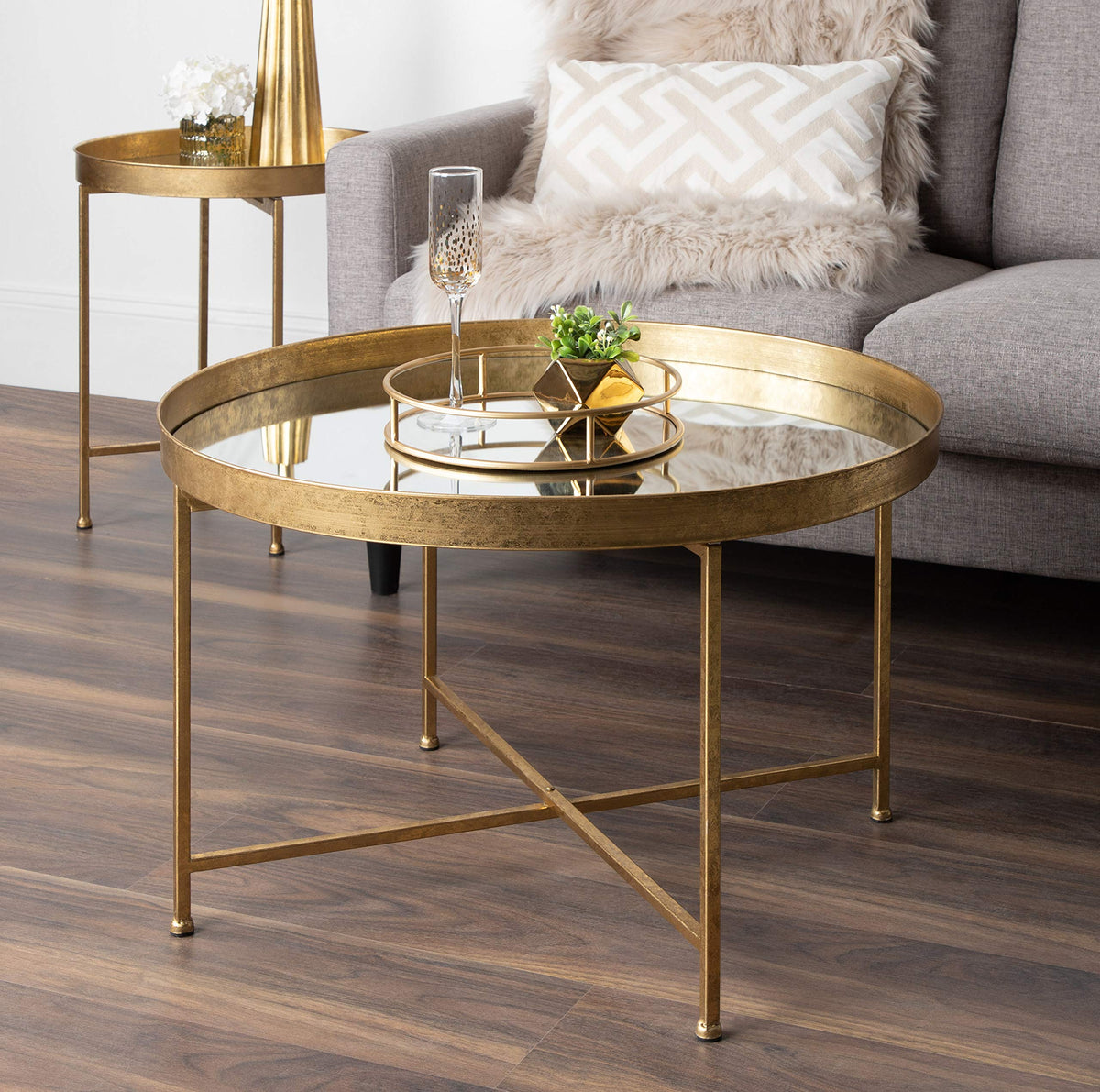 Kate and Laurel Celia Modern Round Coffee Table; 28 x 28 x 19; Black and Gold; Coffee Table for Living Room Decor; Storage; and Display