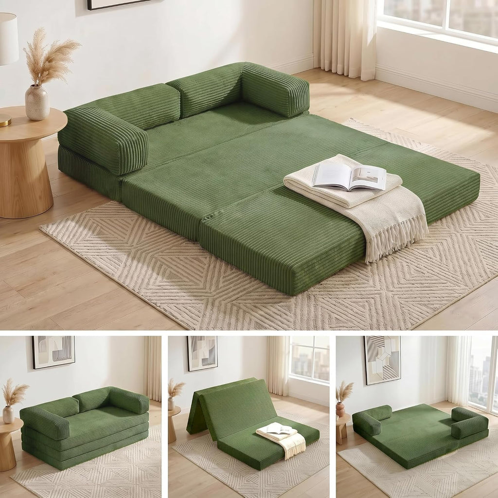 Convertible Sofa Bed Queen,5-in-1 Boneless Couch with Removable Armrests & Handle,Corduroy Futon Sleeper Sofa,Floor Folding Mattress Pull Out Bed for Small Space Apartment Living Room Bedroom,Green