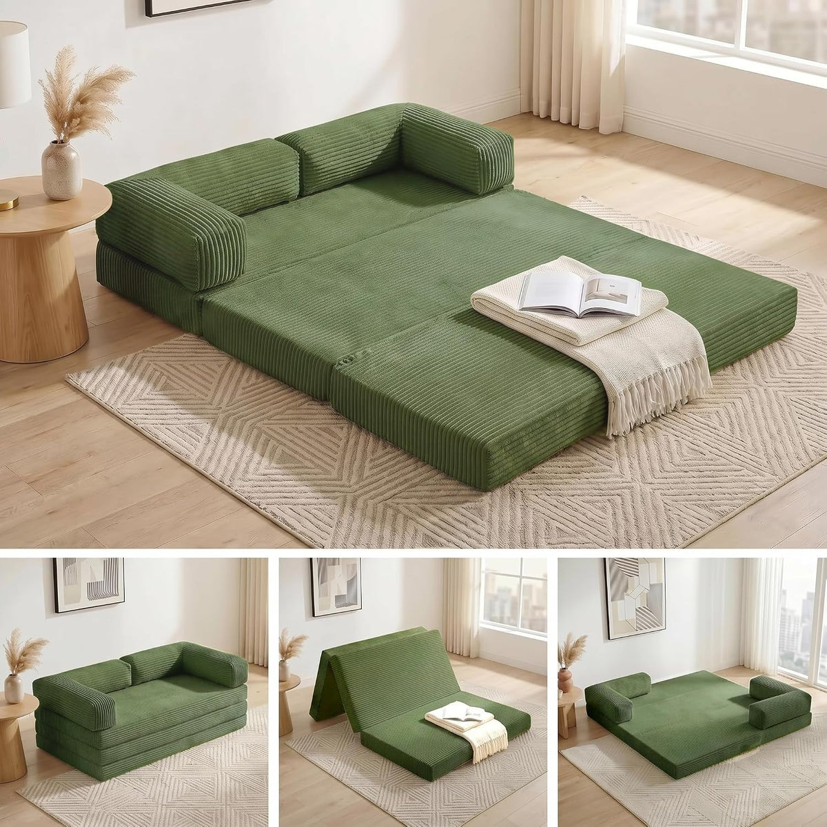 Convertible Sofa Bed Queen,5-in-1 Boneless Couch with Removable Armrests & Handle,Corduroy Futon Sleeper Sofa,Floor Folding Mattress Pull Out Bed for Small Space Apartment Living Room Bedroom,Green