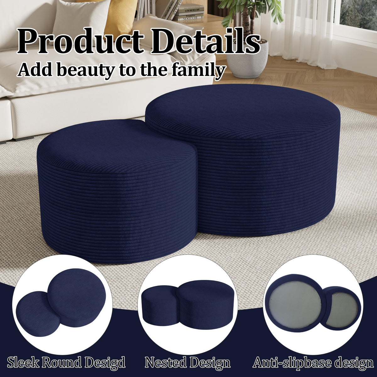 Round Nesting Coffee Table Set of 2,Upholstered Foam Ottoman Footrest Side Table Set,Modern Flannel Circle Coffee Table No Assembly for Living Room Entryway Bedroom,Black