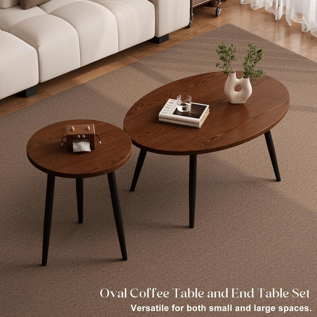 2 Pcs Small Oval Coffee Table,31.5" Retro Walnut Coffee Tables Nesting Tables Set,Easy Assembly Mid Century Modern Coffee Tables for Living Room Office,Coffee Table and End Table Sets