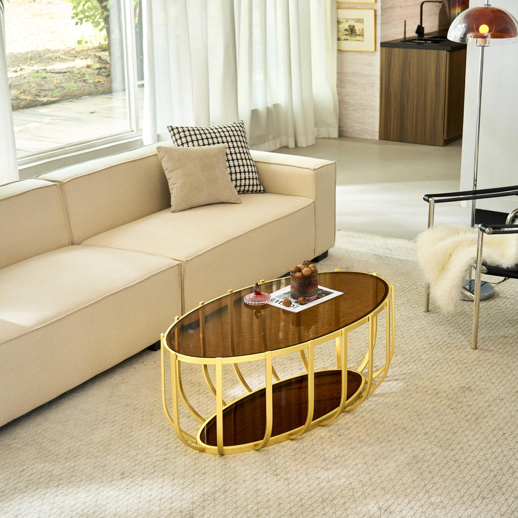 Saint Mossi Gold Round Coffee Table with Clear Glass Top and Glass Shelf